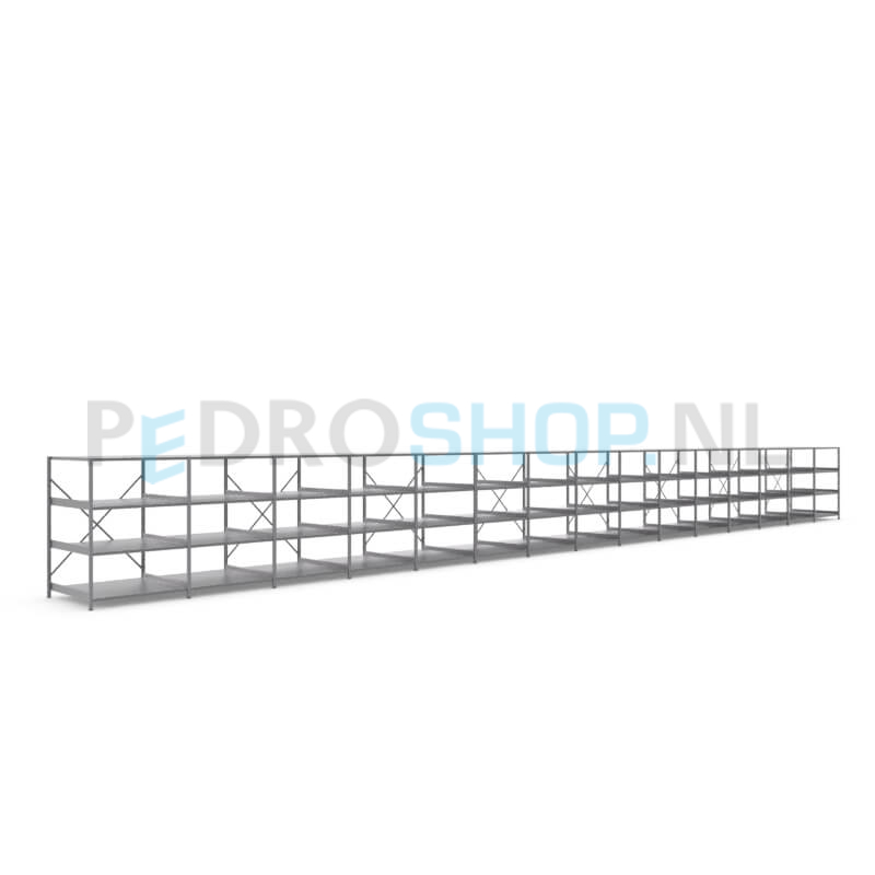 Metalen stellingkast: 140cm (h) x 100cm (d) x 1512.6cm (l)