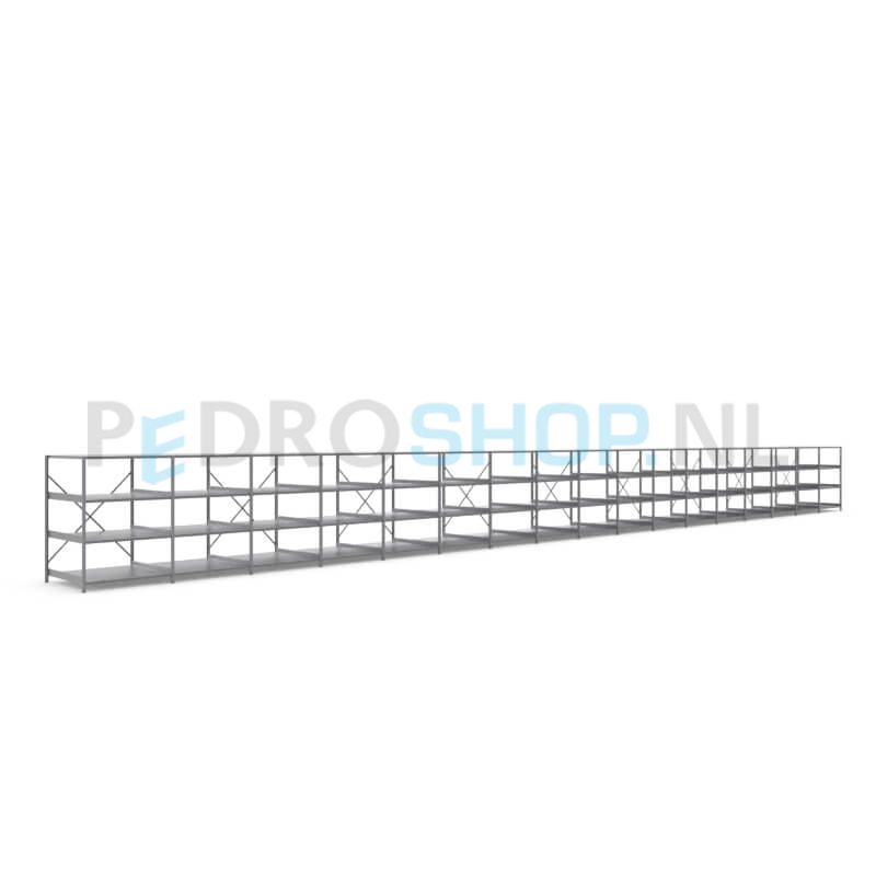 Metalen stellingkast: 140cm (h) x 100cm (d) x 1713.8cm (l)