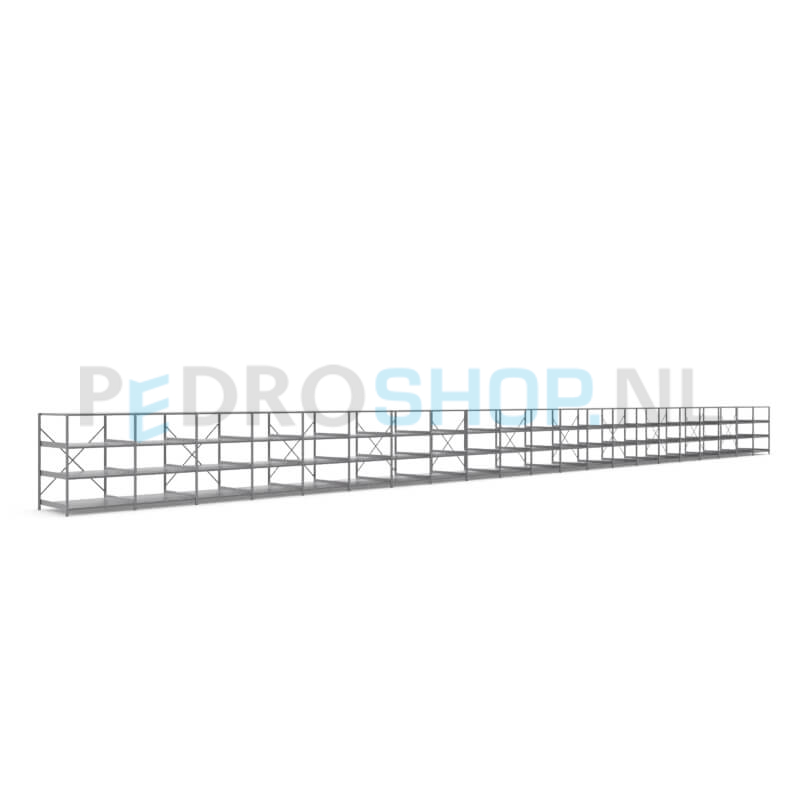 Metalen stellingkast: 140cm (h) x 100cm (d) x 2116.2cm (l)
