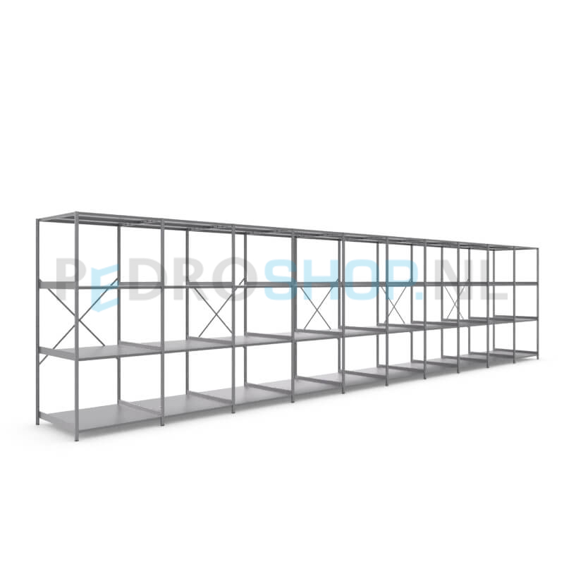 Metalen stellingkast: 230cm (h) x 100cm (d) x 1009.6cm (l)