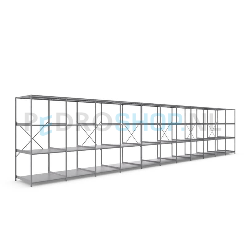 Metalen stellingkast: 230cm (h) x 100cm (d) x 1110.2cm (l)