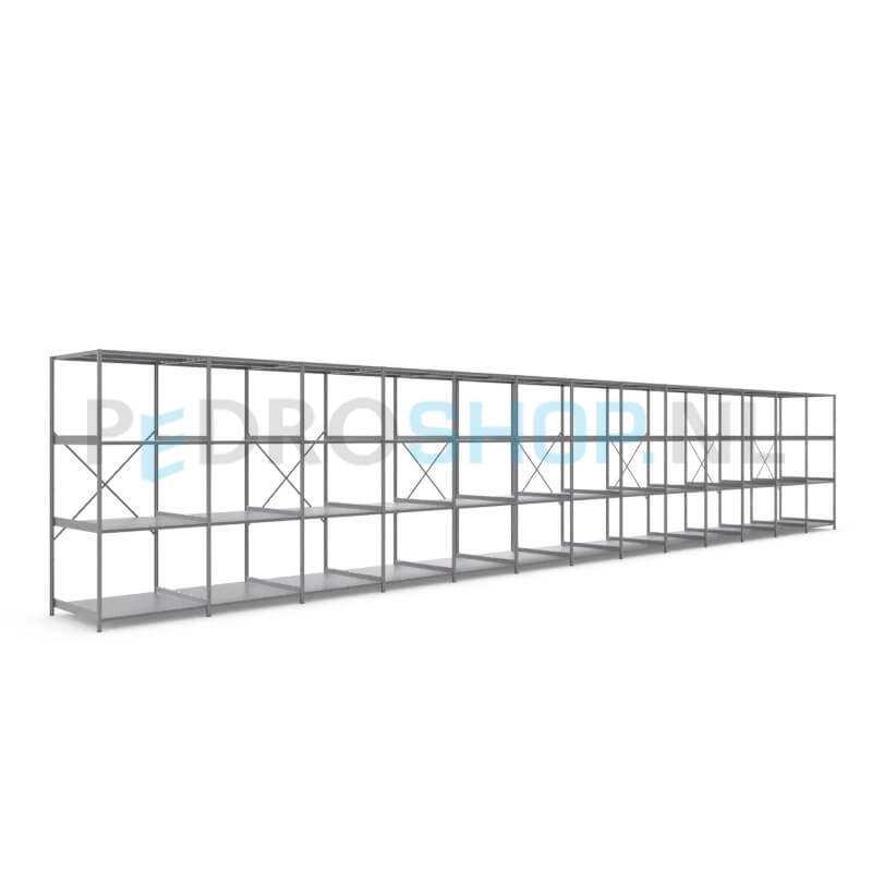 Metalen stellingkast: 230cm (h) x 100cm (d) x 1311.4cm (l)