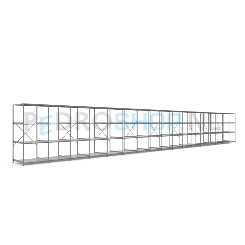 Metalen stellingkast: 230cm (h) x 100cm (d) x 1713.8cm (l)