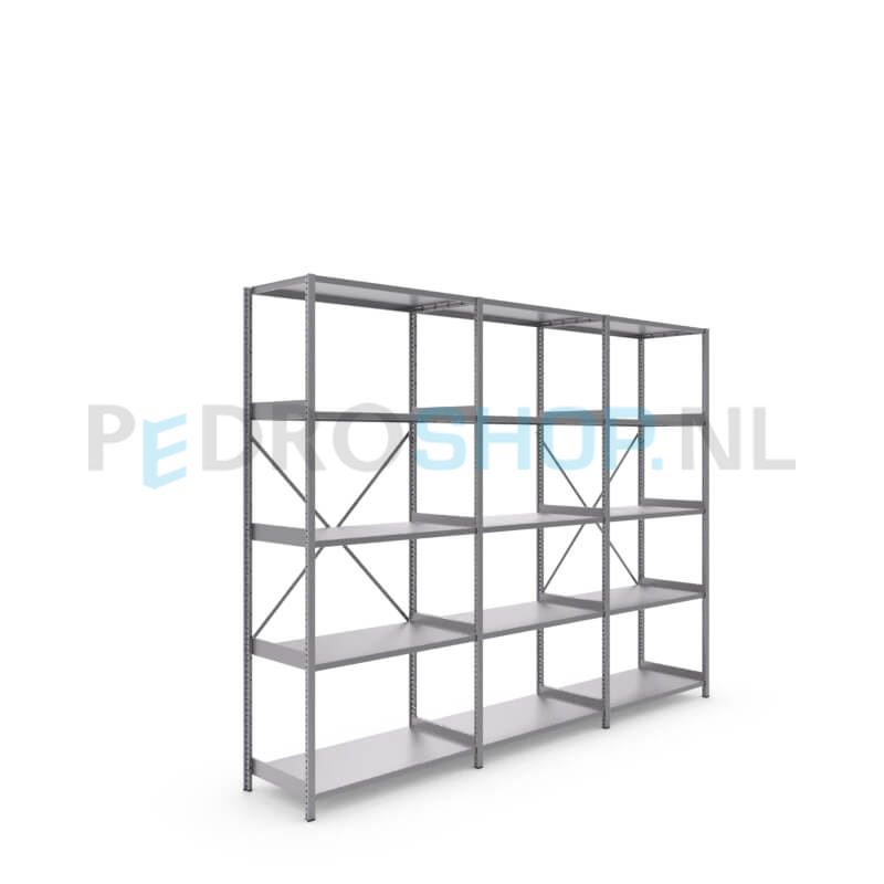 Metalen stellingkast: 230cm (h) x 50cm (d) x 305.4cm (l)