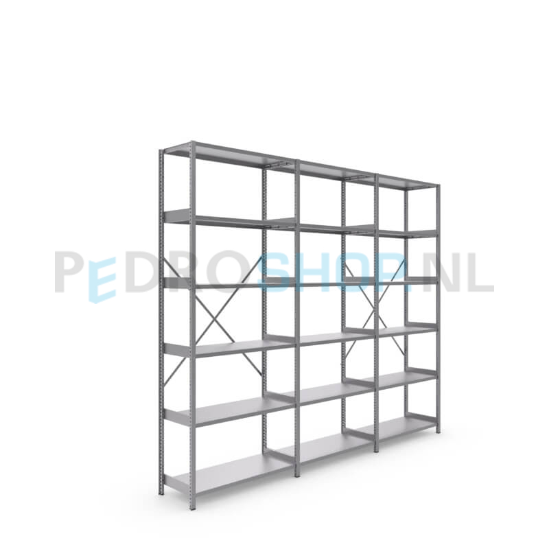 Metalen stellingkast: 250cm (h) x 40cm (d) x 305.4cm (l)