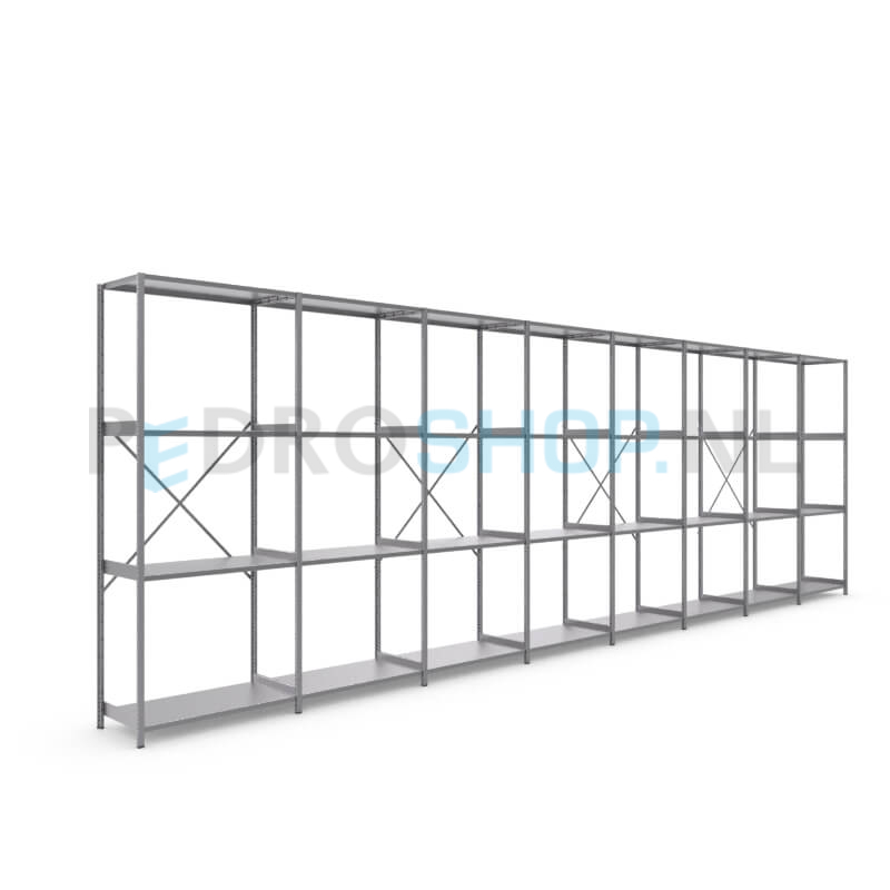 Metalen stellingkast: 250cm (h) x 50cm (d) x 808.4cm (l)