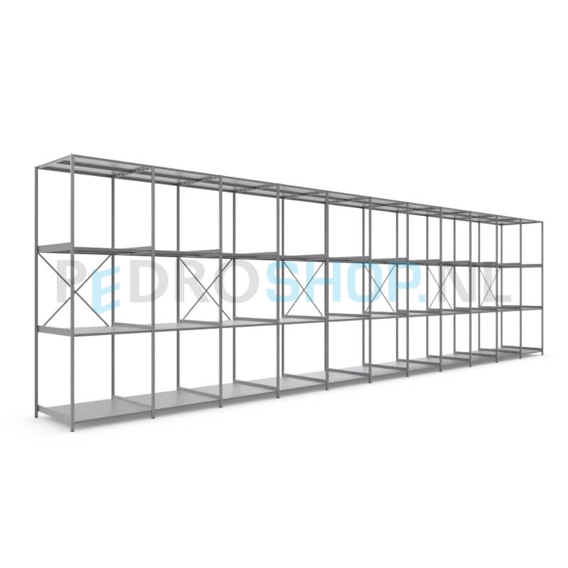 Metalen stellingkast: 300cm (h) x 100cm (d) x 1110.2cm (l)