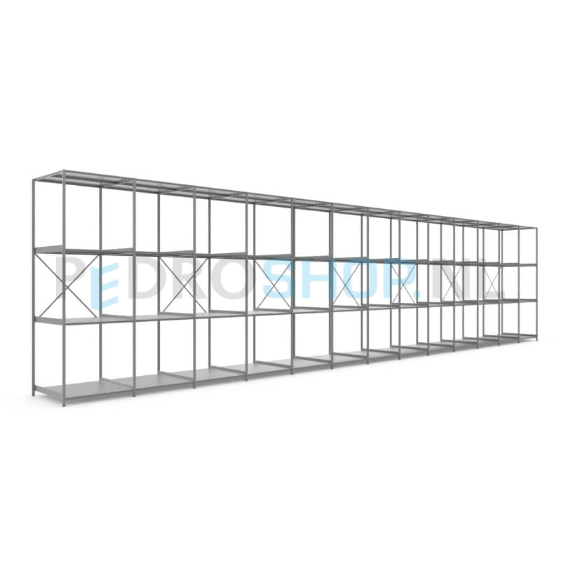 Metalen stellingkast: 300cm (h) x 100cm (d) x 1311.4cm (l)