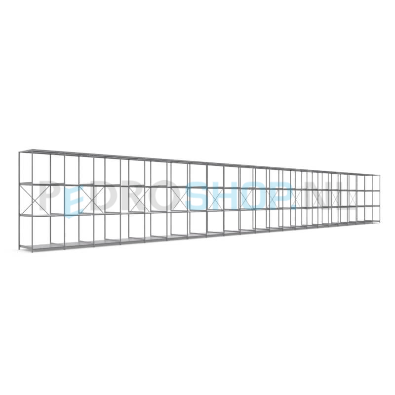 Metalen stellingkast: 300cm (h) x 100cm (d) x 2216.8cm (l)
