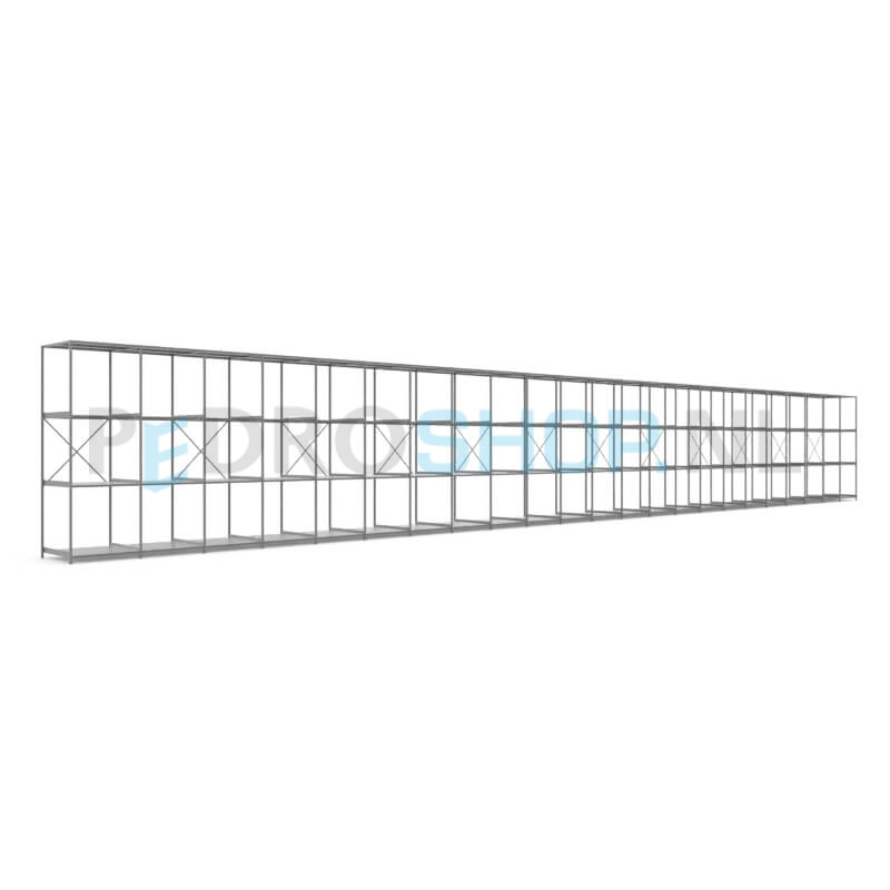 Metalen stellingkast: 300cm (h) x 100cm (d) x 2317.4cm (l)