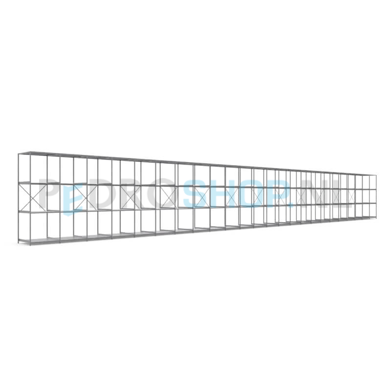 Metalen stellingkast: 300cm (h) x 100cm (d) x 2418cm (l)