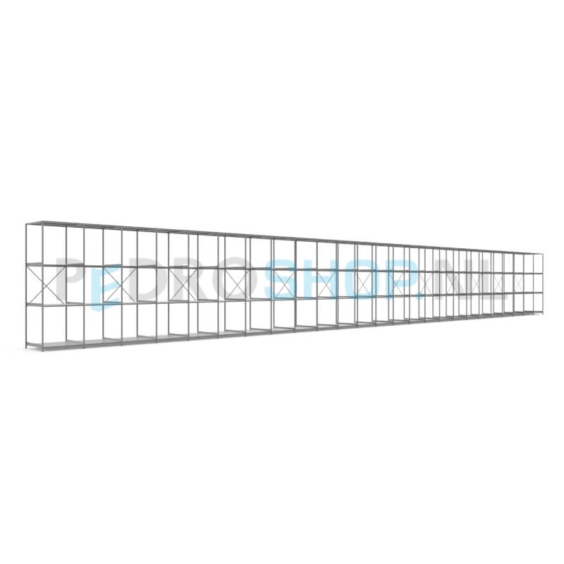 Metalen stellingkast: 300cm (h) x 100cm (d) x 2518.6cm (l)