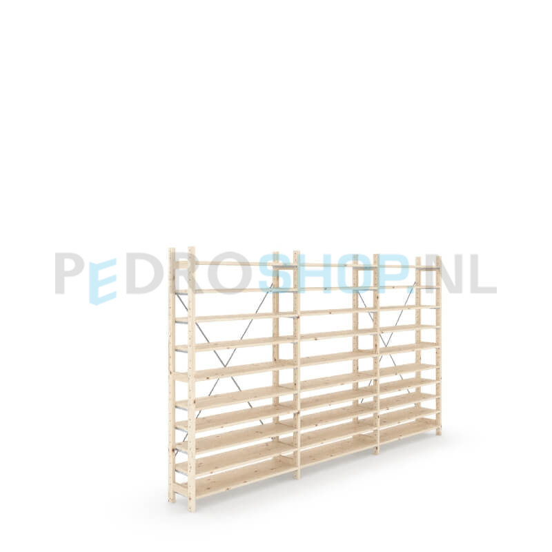 Houten stellingkast Easyrek: 180cm (h) x 30cm (d) x 303cm (l)