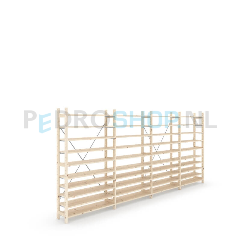 Houten stellingkast Easyrek: 180cm (h) x 30cm (d) x 403cm (l)