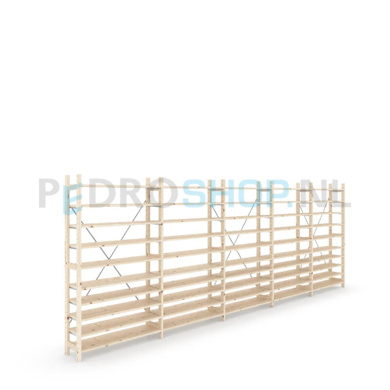 Houten stellingkast Easyrack: 180cm (h) x 30cm (d) x 503cm (l)