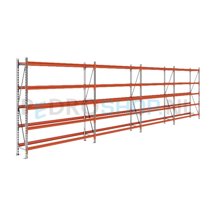 Grootvakstelling: 200cm (h) x 40cm (d) x 766cm (l) x 5 niveaus