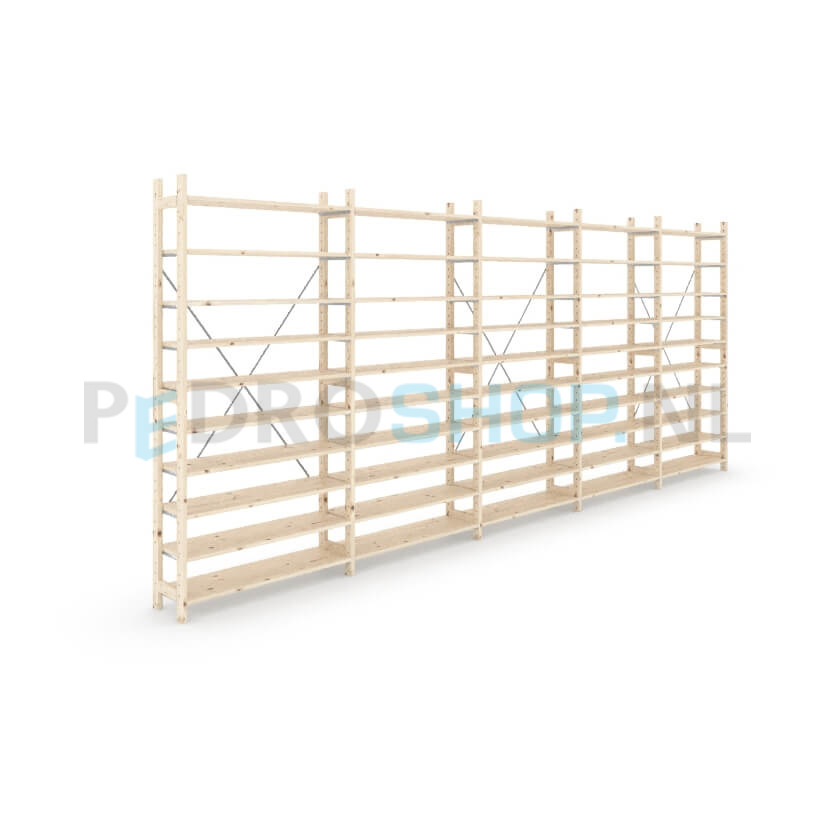 Houten stellingkast Easyrek: 210cm (h) x 30cm (d) x 503cm (l)